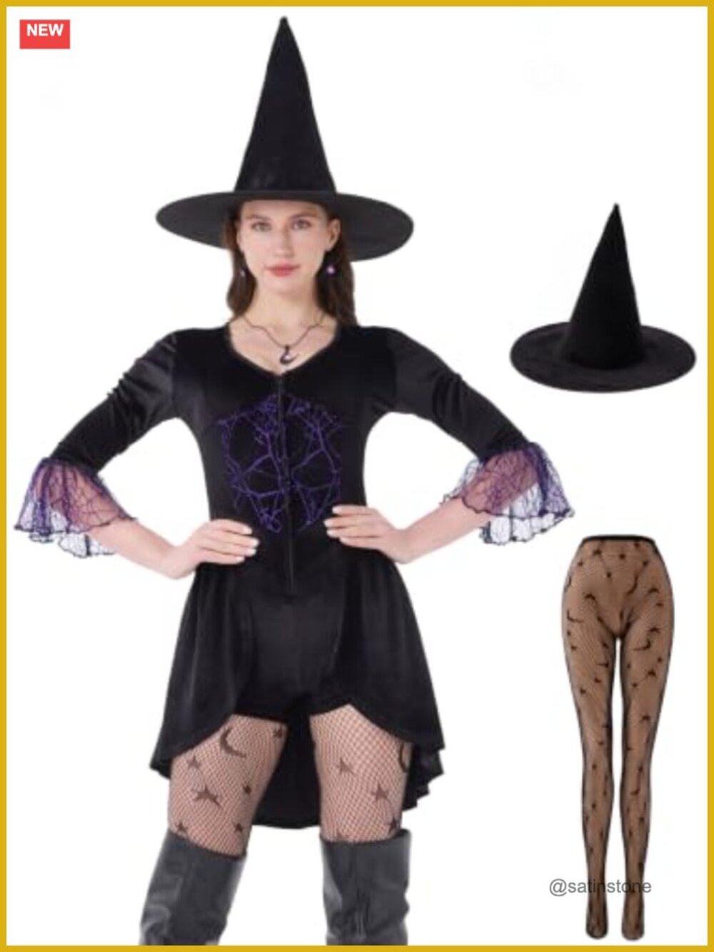 5-Piece Velour Bodysuit Witch Costume with Hat & Fishnet Tights